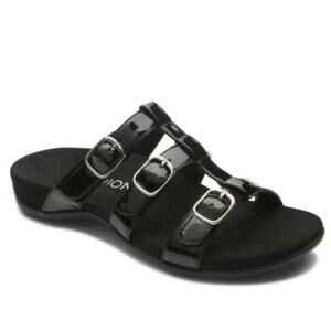 Vionic Misa Strappy Buckle Slide Sandals Black Patent Sz 6 Minimal Office Dressy